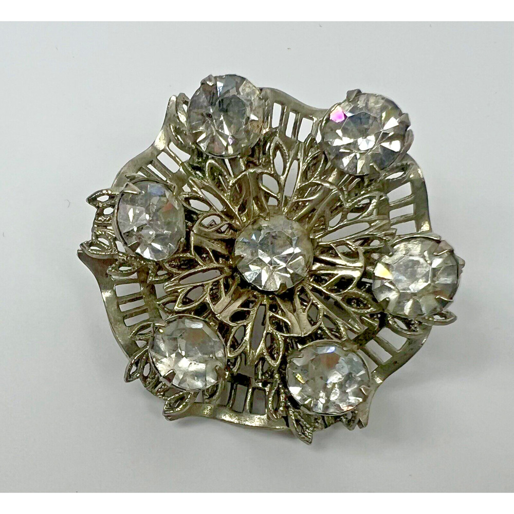 Clear Rhinestone‎ Silvertone Brooch Pin Filagree 1.5"